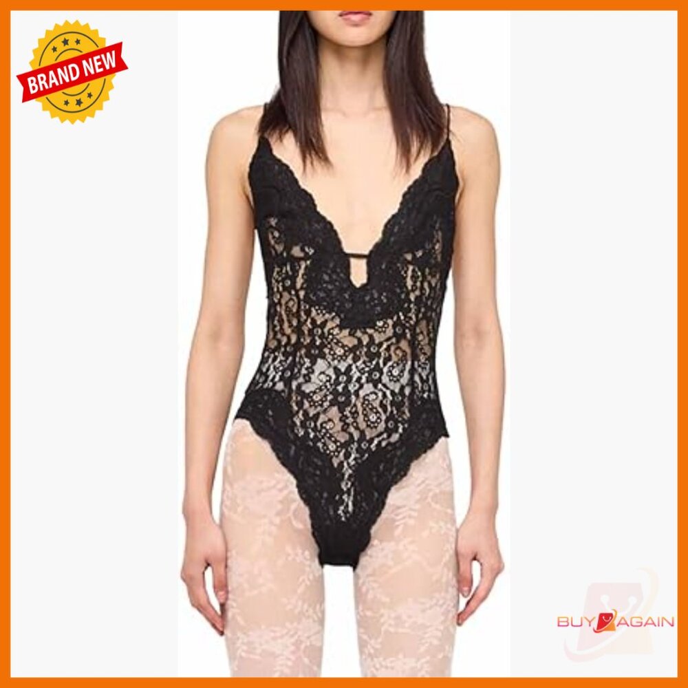 Sleeveless Terry Bodysuit with V-Neck Lace Trim, X-Small